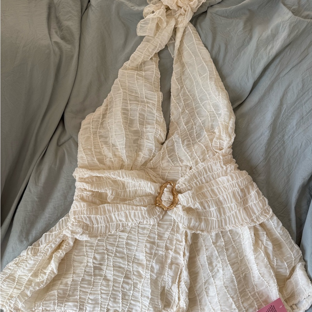 PrettyLittleThing Cream Halter Mini Dress